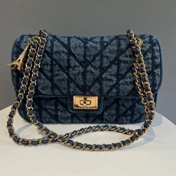 Karl Lagerfeld Agnes Quilted Denim Gold Chain Crossbody NWT - Picture 6 of 7